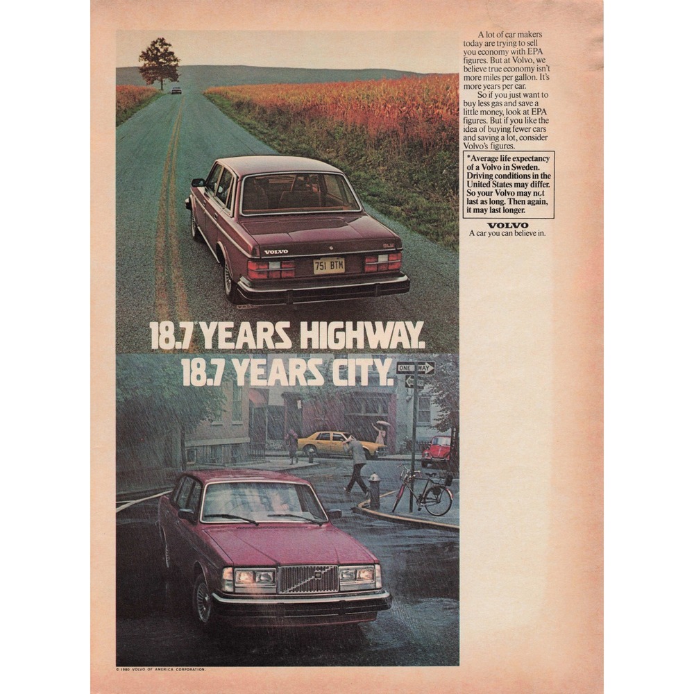 Vintage Volvo Advertisement Print Ad Car Road City 18.7 Years 1981‎
